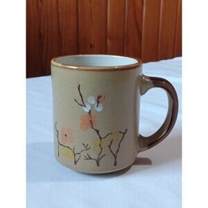 Sunnycraft Stoneware Coffee Mug Hand Decorated Floral Tan Brown Korea 21136